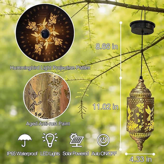 Hummingbird Solar Lantern Outdoor Garden Decor (2 Pack) Solar Lights Outdoor Waterproof, Hanging Lanterns Outdoor for Patio Pathway Yard Porch Backyard Gardening Gifts for Women Mom Grandma.