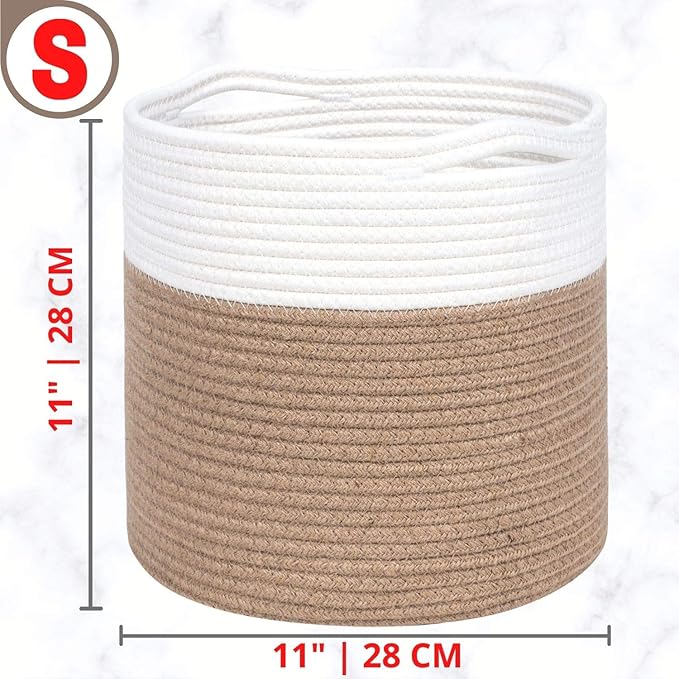 MINTWOOD Design 11 x 11 Inches Cotton Rope Basket for Flower Pot and Indoor Floor Planters, Decorative Round Woven Plant Pot Basket, Planter Covers, Small Dog Toy Storage Baskets, Jute