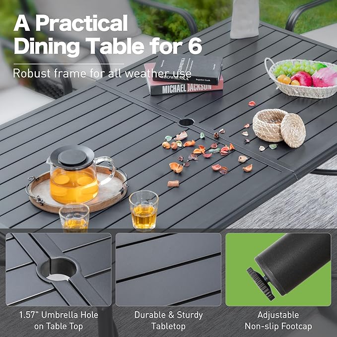 67" Patio Dining Table for 6,Large Rectangle Patio Table with Umbrella Hole,E-Coating and Powder Coating Steel Frame Metal Outdoor Patio Table for Garden Backyard Lawn Yard