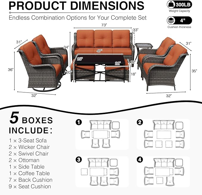 Joyside 9 Piece Wicker Patio Furniture Set, Outdoor Swivel Rocker Patio Chairs with High Back, Deep Seating, Wide Armrest, Thickened Cushions, Outdoor Furniture for Deck, Porch Use
