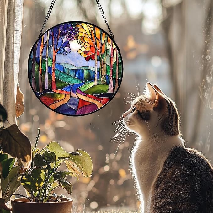 Stained Glass Window Hanging, Colorful Forest Landscape Tree Suncatcher for Doors Window Home Abstract Sun Catchers Decoration Mother's Day Birthday Gifts for Women, Men, and Mom 9.8 in