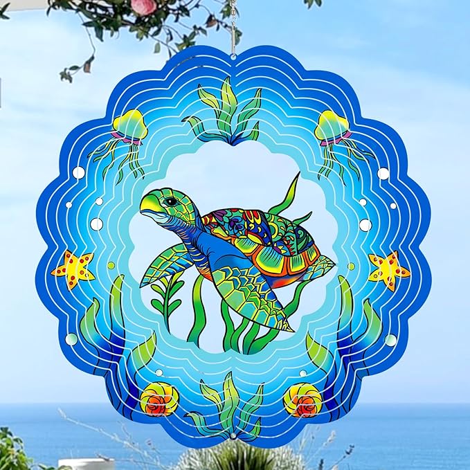 Sea Turtle Wind Spinners Outdoor, Sea Turtle Gifts for Women Mom Grandma Men,12inch 3D Hanging Metal Wind Sculpture for Outside Decor, Birthday for Garden Ornament Decoration