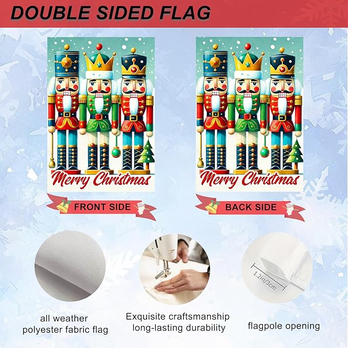 IVN Christmas Garden Flag 12x18 Inch Double Sided Colorful Nutcracker Trio with Ornaments Outdoor Yard Flag for Outside Home Front Door Lawn Porch Patio Welcome Decor
