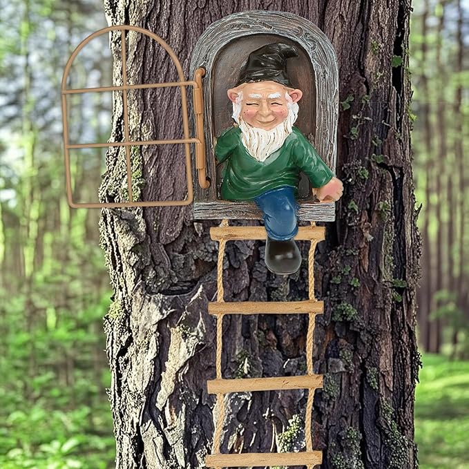 Garden Gnomes Decoration Outdoor tree faces decor with Hanging Ladder for Yard, Elf Out The Door Tree Hugger Resin Garden Sculpture Peeker Yard Art Ornament Whimsical Gnome Decor for Patio Yard Lawn