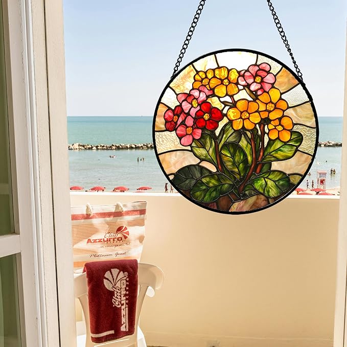 AMDERVEN Stained Glass Window Hanging, Yellow Red Flowers Sun Catcher for Window Door Home Decor Green Plant Suncatcher Christmas Mother's Day Birthday Gifts for Women Men Mom and Nana 6.3 in