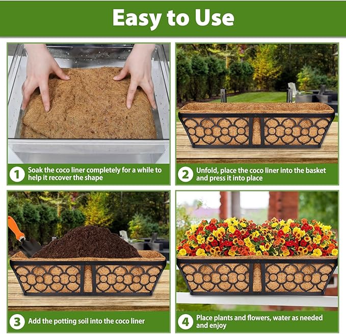 Legigo 4 Pack 36 Inch Square Coco Liners Planter Baskets Liner- Natural Coconut Coir Fiber Liner Replacement, Window Box Liners Trough Coconut Liners for Wall Planter Garden Deck Fence Flower Baskets