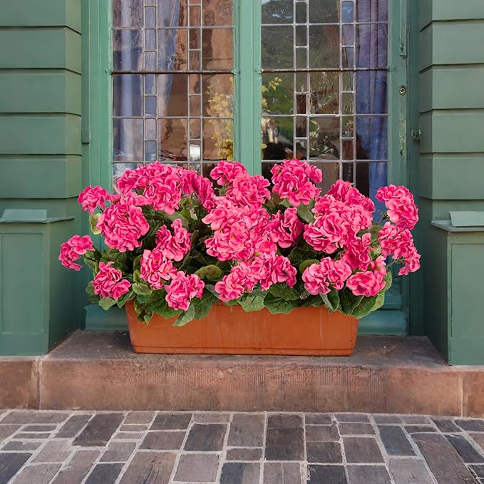 Uqueeten Artificial Flowers for Outdoors Artificial Geranium, 8PCSFake Flower Geranium Artificial Plant Home Decor,Silk Geraniums Artificial Flowers Realistic Outdoor Decoration 14.4"(Rose Red)