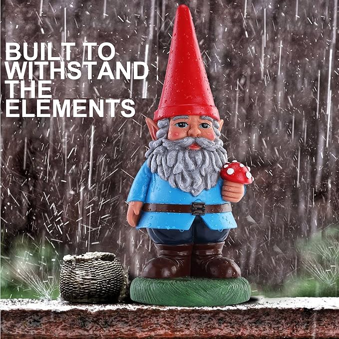 Garden Gnome Holding Mushroom - Funny Yard Ornament - Classic Gnome Decor - 14 Inch Tall
