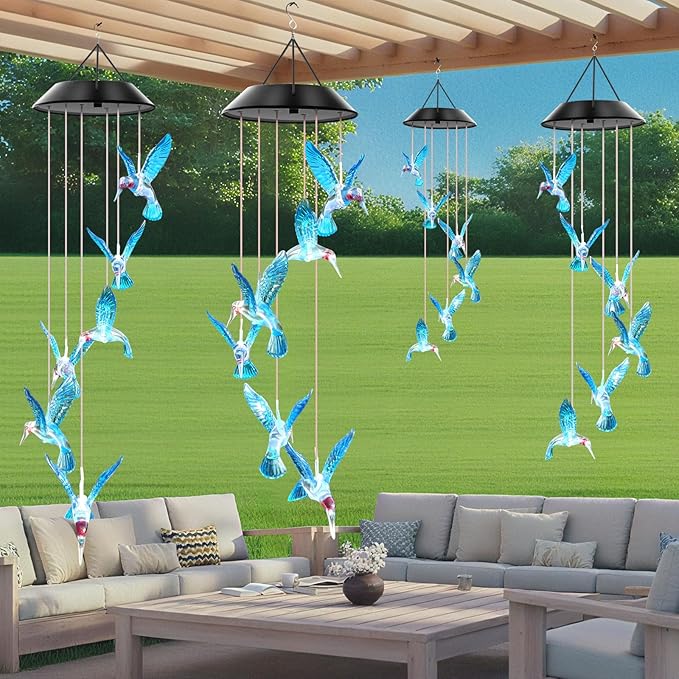 WENANA Blue Hummingbird Solar Wind Chimes Color Changing Lights Outdoor, Best Gifts for Mom Grandma Women Wife Aunt Daughter Sister, Unique Mobile Wind Chime, Gardening Yard Decorations