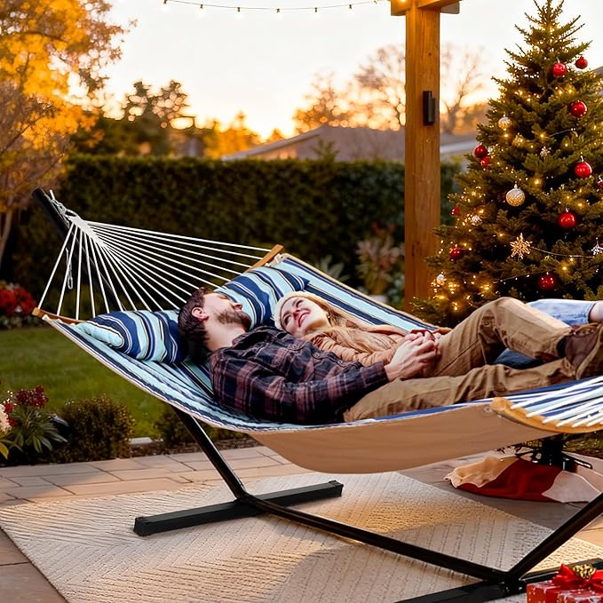 SUNCREAT Double Hammock with Stand Included, Portable Hammock with Stand and Large Pillow, Blue Stripes