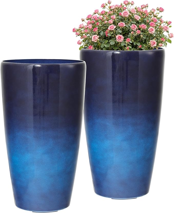 Ultym 22.8" H Gradient Blue Planters for Outdoor Plants, Set of 2 Large Flower Pot with Drainage Hole, Weather-Resistant for Porch,Garden,Patio or Indoor Use