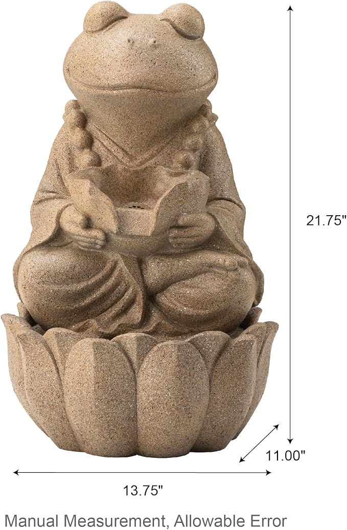 Glitzhome 2-Tiered Zen-Style Frog Polyresin Outdoor Fountain with Pump and LED Light, 21.75" H, Sand Beige