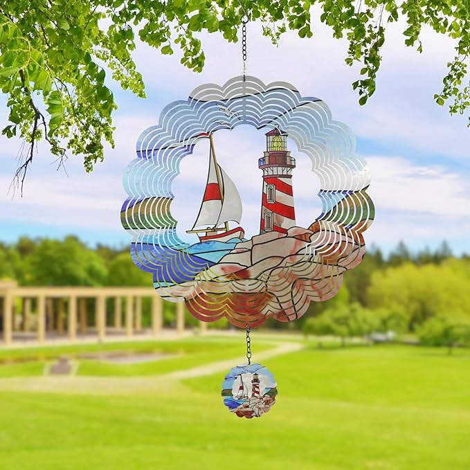 Lighthouse 3D Wind Spinner Kinetic Metal Art Hanging Wind Spinner Outdoor Decoration Ocean Ornaments Decor for Yard and Garden