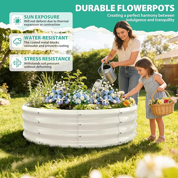4FT Diameter Galvanized Garden Raised Bed/Plant Box/Fire Pit Ring - 0.8mm Thick,12 Inch Tall,Perfect for Planting a Variety of Flowers,Herbs,Vegetables (Cream White, 48 Dia X 12inches)