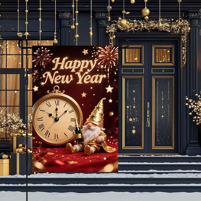 Happy New Year Garden Flag Gold Gnome Banner 12x18 Inch Double Sided Flag Outdoor Yard Decoration with Clock Image for Home Lawn Porch House Seasonal Holiday Garden Flags Outdoor Decor