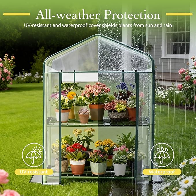 Mini Greenhouse for Outdoor Indoor, 2 Tier Shelves Small Green House for Winter, Portable Greenhouses with PE-Coated Metal Frame Heavy Duty PVC Cover, Plant Rack Stand House 2.3x1.6x3ft
