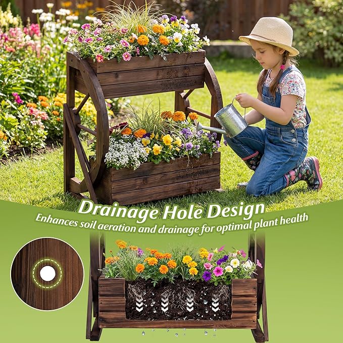 Giantex Wooden Wagon Planter Box, 2-Tier Garden Planter with Drainage Holes for Flowers Herbs Vegetables, Indoor Outdoor Decorative Planter Container for Patio Garden Balcony (2)