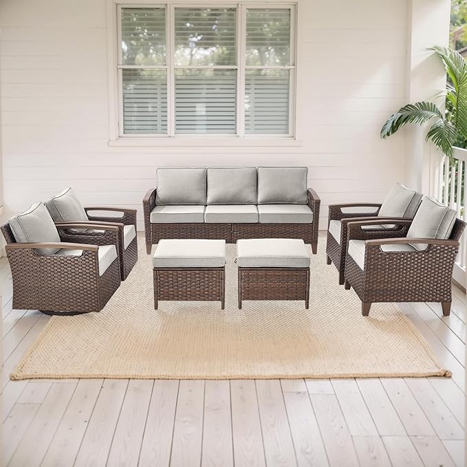 Rilyson Wicker Outdoor Patio Furniture Set - 7 Piece Patio Conversation Sets with Swivel Rocker Chairs, Chairs, Ottomans and Sofa, Thick Cushions, Waterproof Wicker, for Porch Deck Brown/Beige