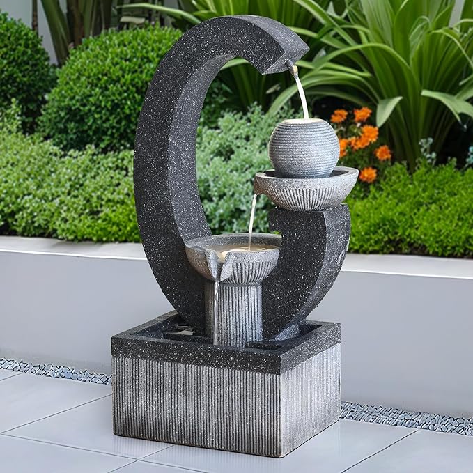 Qingyinge 31'' H Modern Outdoor Fountain Resin Outdoor Garden Fountains with Contemporary Design LED Light for Garden, Patio, Deck, Porch, Backyard and Home Art Decor