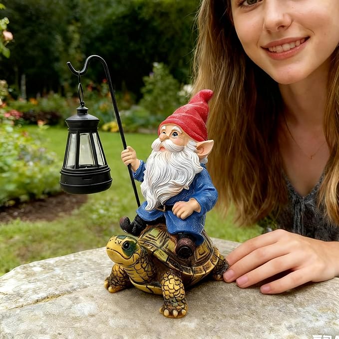 Garden Gnome Statue - Riding Turtle Outdoor Garden Statue Decorations with Solar LED Lights, 7.9" Figurine Ornament for Patio, Yard, Funny Lawn Decor Valentine's Day Gifts for Her, Wife, Sister