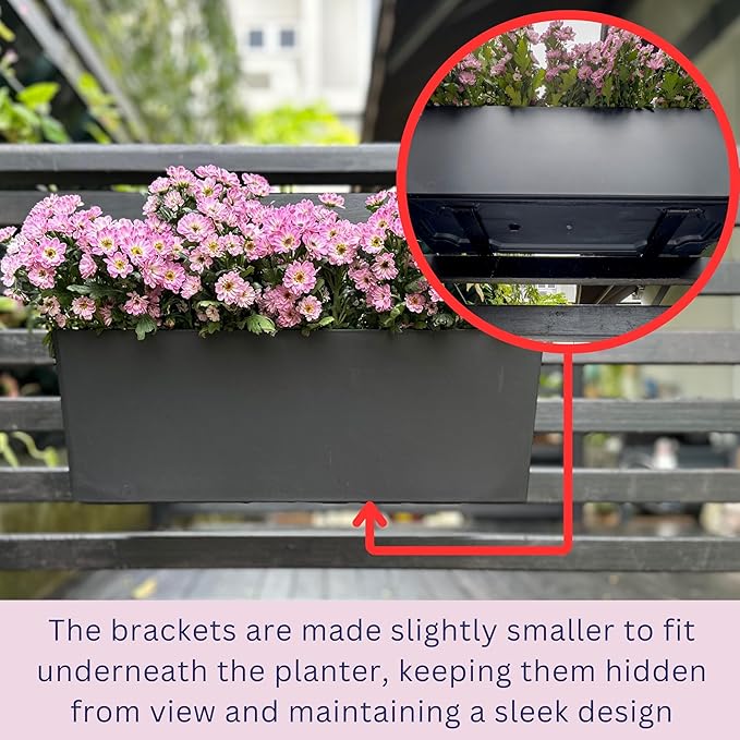 LaLaGreen Deck Railing Planters (14 Inch, 2 Pack) Black Rectangular Window Flower Box with Bracket, Self Watering System Hanging Planter Boxes for Outdoor Plant Pots Container Rail Fence Balcony Herb