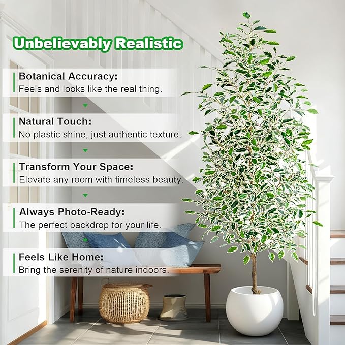 7FT Artificial Ficus Trees Indoor Faux Trees Indoor Fake Floor Plants Tall Artificial Tree with White Pot Faux Tree Fake Indoor Tree Silk Plants Artificial Trees for Home Decor Indoor