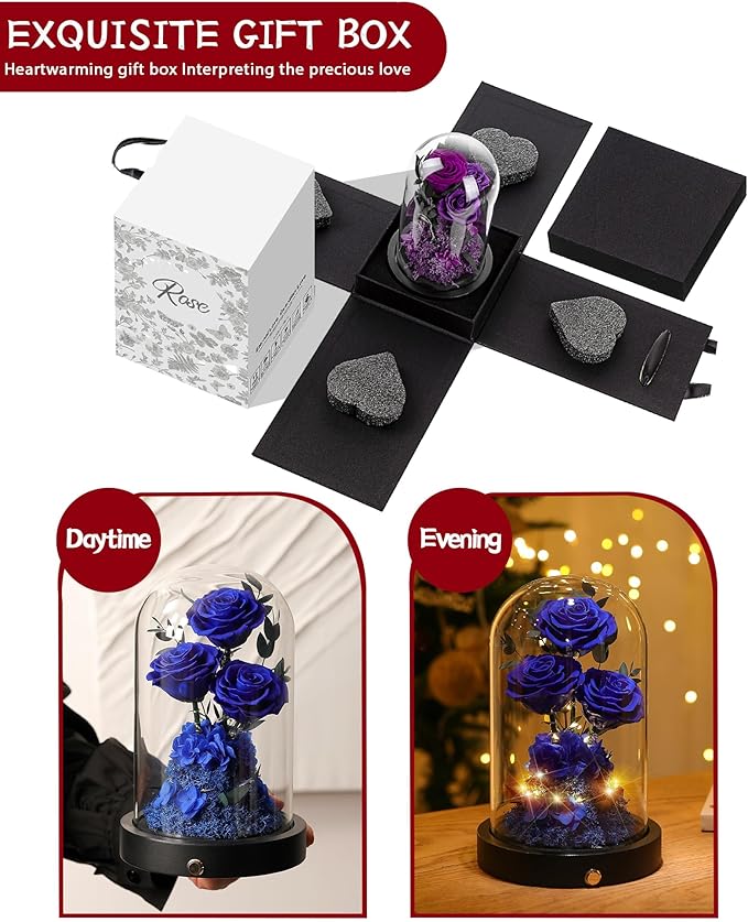 DENIMOMO Flowers Roses Gifts for Women Her,Forever Preserved Rose in Glass Dome, Valentines Anniversary Birthday Real Roses Gifts for Wife Women Girlfriend Best Friend/Blue
