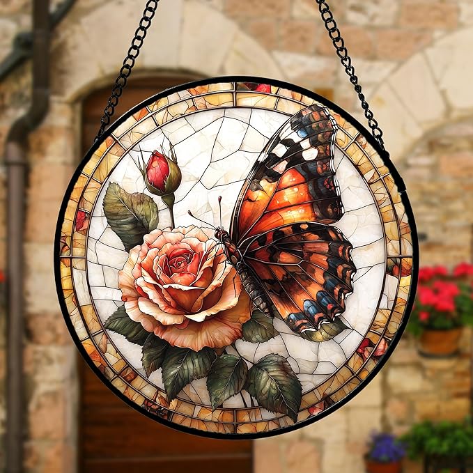 DASTOLL Stained Glass Window Hanging, Butterfly Picking Flowers Suncatcher for Doors Home Sun Catchers Decoration and Christmas, Mother's Day Birthday Gifts for Women, Men, and Mom 7.8 in