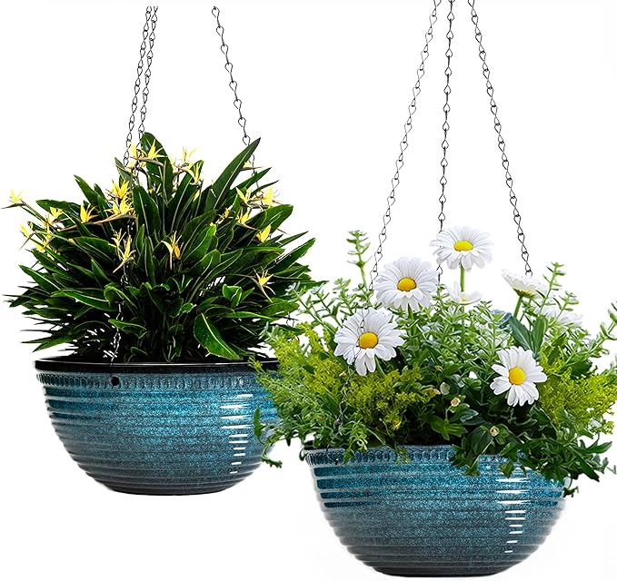 LESOASIS 12 inch Large Hanging Planters for Indoor Outdoor Plants, Set of 2 Glazed Hanging Flower Pots with Drainage Hole, Hanging Baskets for Garden Home Porch Decor