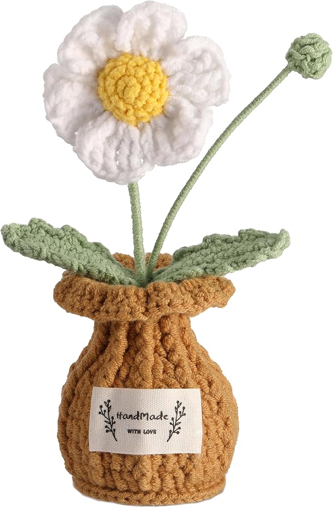 YOOJEE Daisy Crochet Flower Potted Plant – White, Handmade Knitted Desk Decor