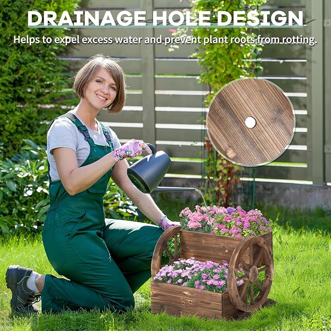 Wooden Wagon Planter Box, 2 Tier Garden Planter with Wheels for Flowers/Herbs/Vegetables, Decor Flower Cart for Indoor/Outdoor/Patio/Garden/Balcony(3 Pack)