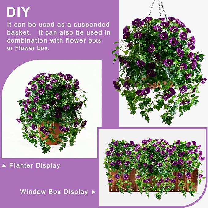 Morning Glory Artificial Hanging Flowers for Outdoors 3 Pcs Fake Petunias Flower Faux Silk Long Trailing Vines Realistic Flower for Front Door Porch Patio Balcony Garden Yard Decor (3 Pcs Dark Purple)