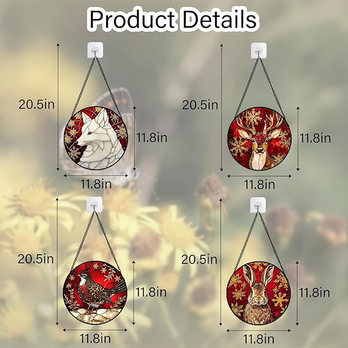 Stained Glass Window Hanging 4 Pcs Set Red Golden Snowflakes Large 11.8" - Christmas Elk Rabbit Suncatcher Door Garden Sun Catcher Decor Birthday for Mom Woman Nana Men
