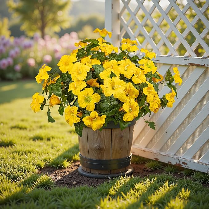 Brlita 19 Inch Artificial Fake Flowers for Outdoor,4 Pcs Faux Silk Petunias Spring Flowers for Outside for Indoor Porch Planter Front Door Garden Patio Window Box Home Decor(Yellow)