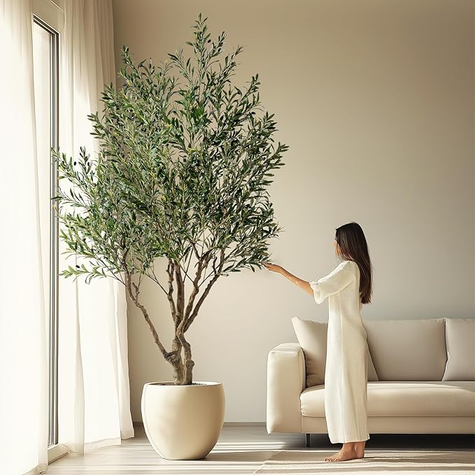 Erimda 7.5FT Artificial Olive Tree Tall Faux Silk Plant Tall Faux Olive Tree with Natural Wood Trunk & Lifelike Fruits Fake Potted Tree or Home Office Decor