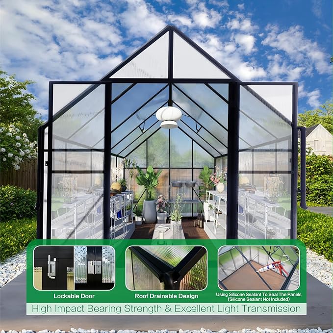 8x10 FT Greenhouse for Outdoors, Polycarbonate Green House with Adjustable Roof Vent and Rain Gutter, Aluminum Large Walk-in Greenhouse with Quick Setup Structure for Outside Garden Backyard Patio