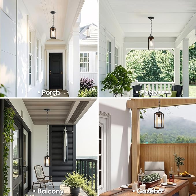 Dusk to Dawn Outdoor Pendant Light, Modern 1-Light Outdoor Hanging Lantern, Matte Black Aluminum with Clear Glass, Exterior Pendant Lighting Fixture for Porch