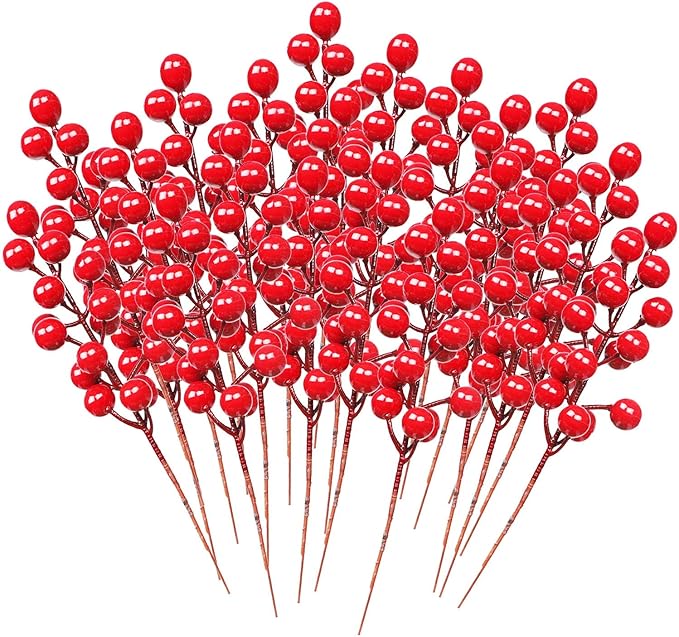 DR.DUDU 48 Pack Red Berry Stems, 8 Inch Artificial Berries Decor for Christmas Tree Picks and Filler, DIY Wreath Garland Christmas Ornaments