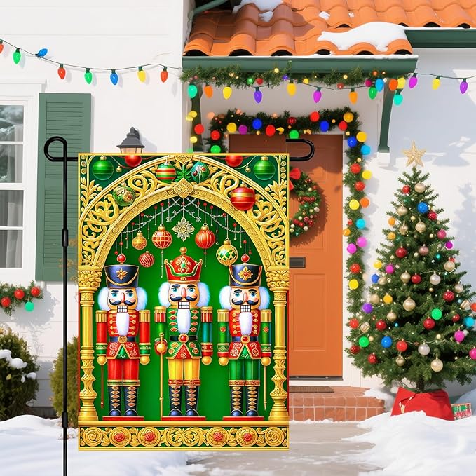 IVN Christmas Nutcracker Garden Flag 12x18 Inches Double Sided Holiday Yard Decor Gold Arch Ornaments Outdoor Garden Porch Lawn Patio