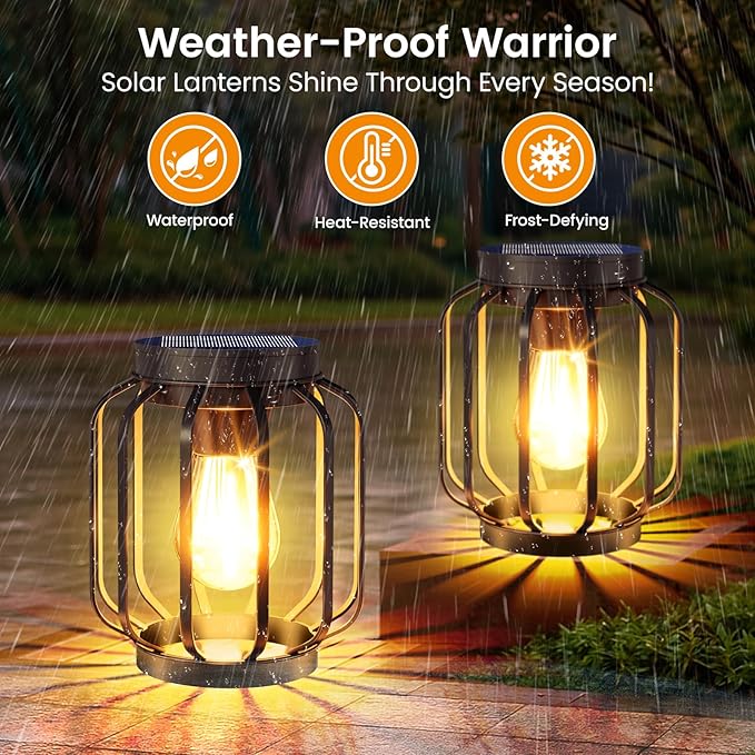 Solar Lanterns Outdoor Waterproof 4 Pack, 14.37'' Metal Hanging Solar Lights for Outside with Auto On/Off & Hook - Brighter Hanging Outdoor Lanterns Decorative Lighting for Garden Patio Yard