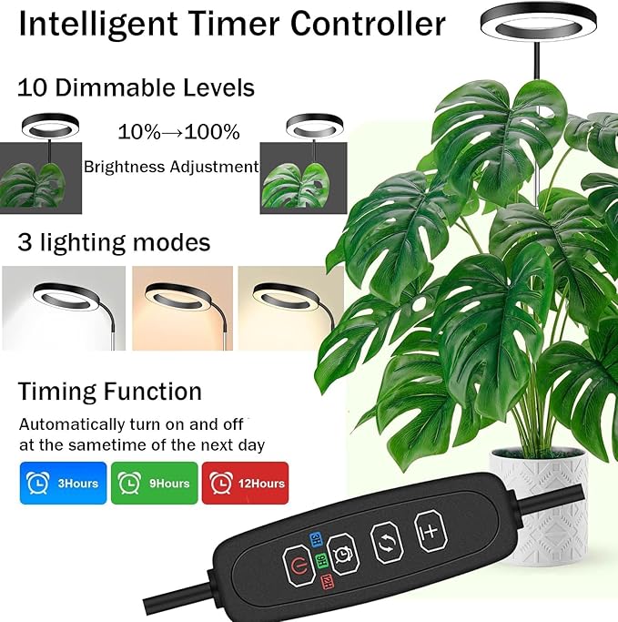 Grow Light for Indoor Plants, 6.3" Full Spectrum LED Plant Grow Light, 11.8-63in Height Adjustable Growing Lamp with Auto Timer 3H/9H/12H, 10 Dimmable Levels (White 2 Pack)