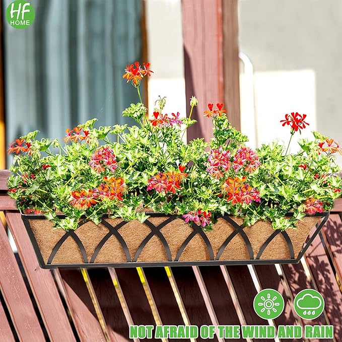 HFHOME 24 inch Window Deck Rail Planter Including Coco Liner, 24" Dia Window Box Horse Trough with Coconut Coir Liners, Black Metal Hanging Flower Planter Basket for Indoor Outdoor Lawn - Set of 2
