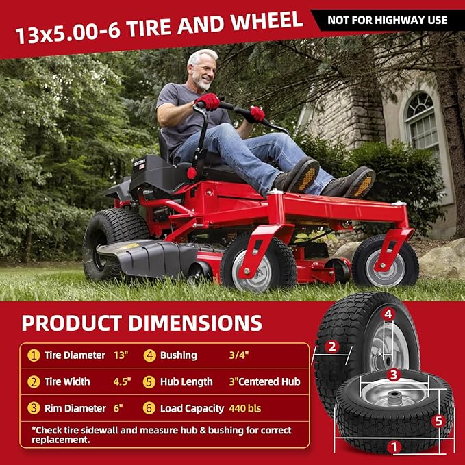 13x5.00-6 Tire and Wheel Flat Free Assemblies (2 Pack),13 x5x6 Solid Rubbe Tires and Wheel for Riding Lawn Mower - With 3/4" Bushings (Extra 5/8" Bushings) and 3" Centered Hub (Gray)