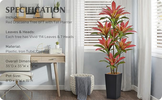 Roselywed Artificial Red Dracaena Tree 6FT with 114 Leaves & 7 Heads & Black Tall Planter Cover with Coconut Fiber Tall Faux Tropical Silk Bicolor Plant 72 Inch for Indoor Home Office Porch Mall Decor