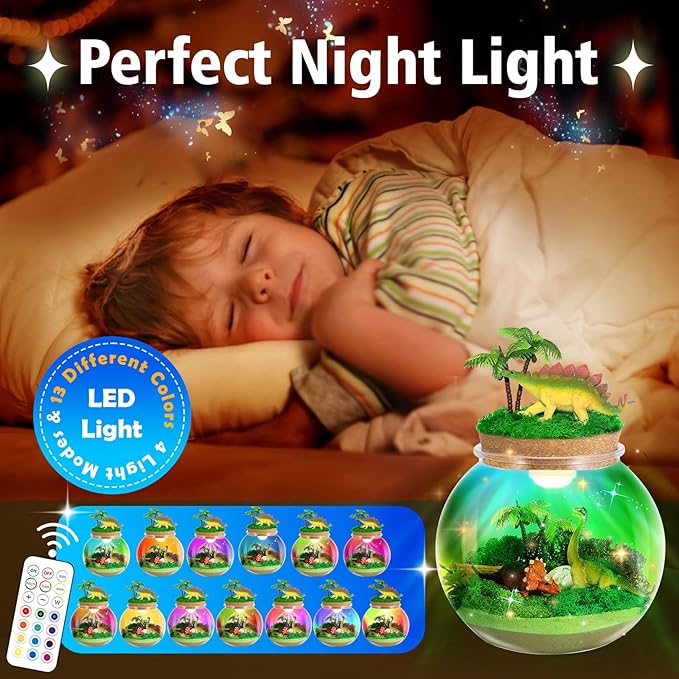 kiddgroo Dinosaur Light-Up Terrarium Kit for Kids- Birthday Gifts for Boys Ages 4 5 6 7 8-12 Year Old- Dinosaur Toys for Boys with Multicolor LED Light & Remote