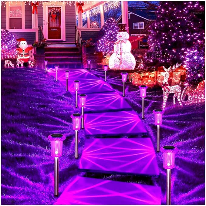 DenicMic Halloween Solar Lights Outdoor 15 Pack Waterproof Purple LED Stainless Steel Stake Outside Lights for Yard Pathway Garden Driveway Walkway Landscape Path Halloween Decorations Outdoor