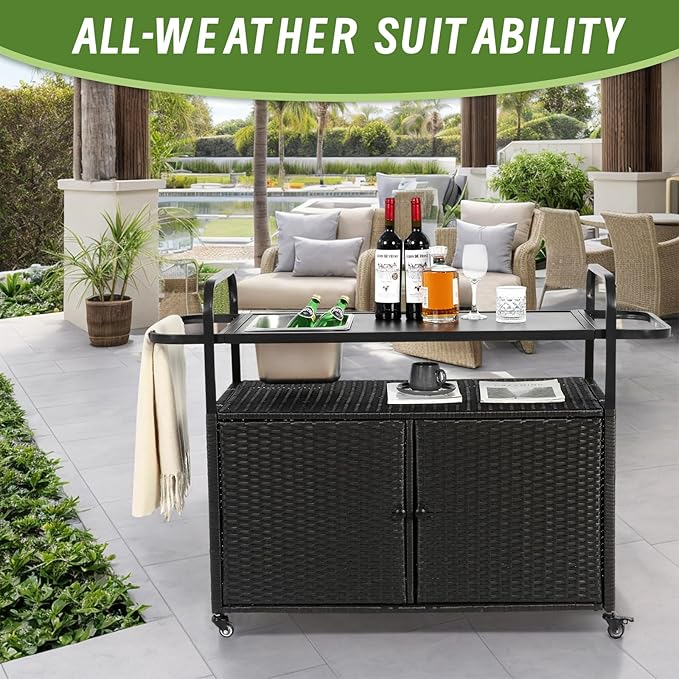 Outdoor Bar Cart with Cabinet, 51.57" Patio Serving Cart with Steel Top, Built-in Ice Bucket, Side Basket & Lockable Wheels for Garden, Backyard & Poolside, Black