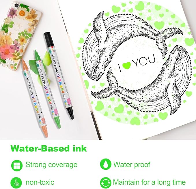 KEMYR 48 Colors Acrylic Paint Pens, Dual Tip Acrylic Paint Markers for Paper, Wood, Canvas, Stone, Rock Painting, Glass, Fabric, DIY, Ceramic, Art Supplies for Adults Drawing (Dot + Fine)