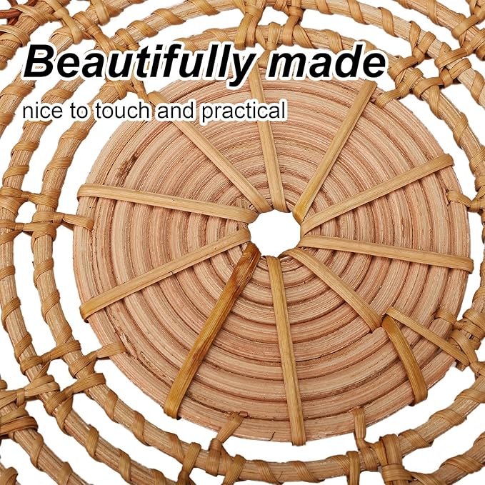 Boho Wall Basket Decor Set: Round Rattan Wall Decor, Hanging Basket, Flat Woven, Flower Shape, Khaki, 13"L x 13"W, Unisex, Indoor, Living Room