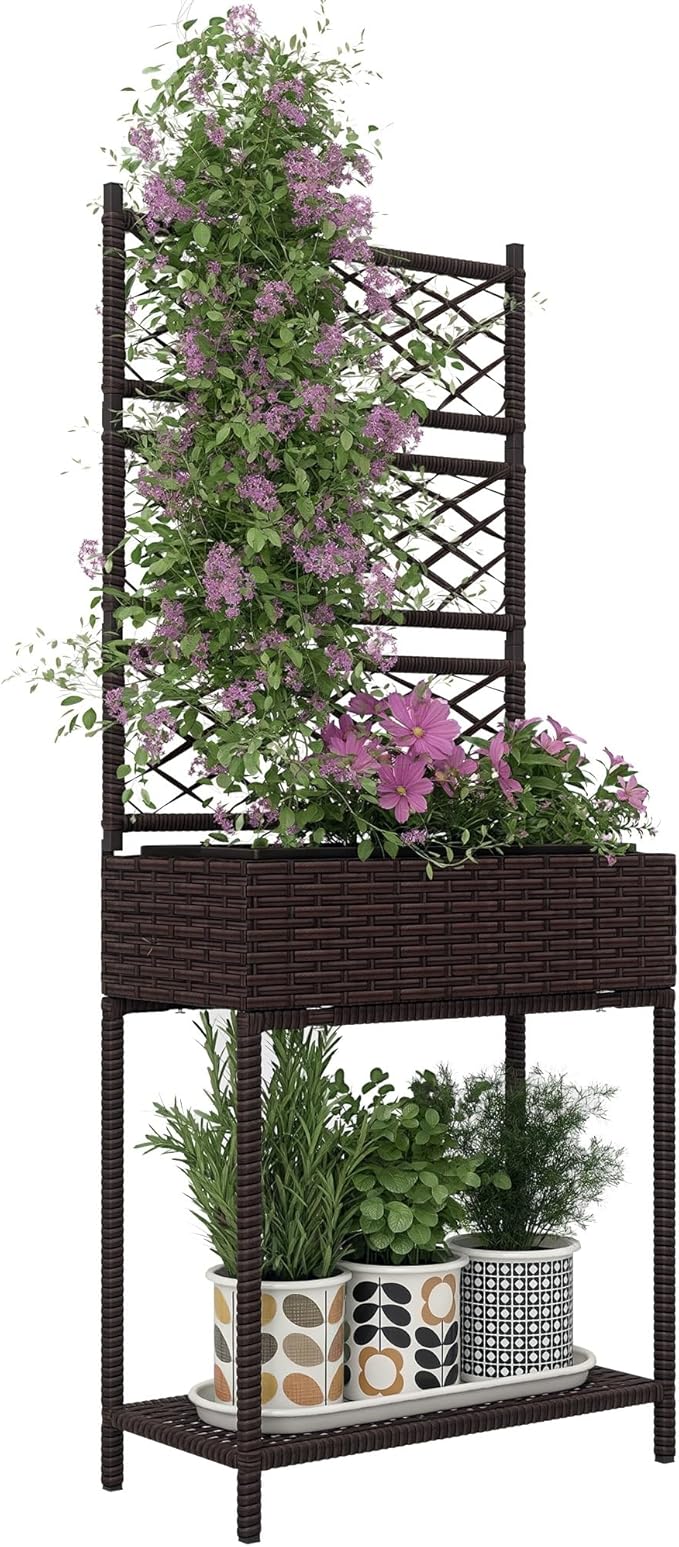Outsunny Raised Garden Bed with Trellis, Outdoor Wicker Planter, Freestanding Rattan Planter Stand with Storage Shelf for Climbing Plants, Flowers, Herbs, Vegetables, Brown